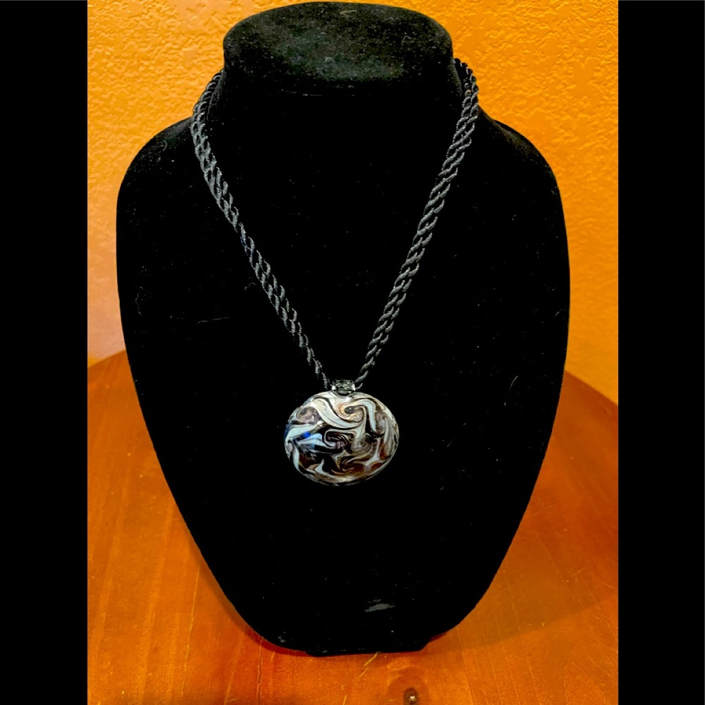 Stylish Murano Style Glass Black and Silver Swirled Pendant on Rope Necklace